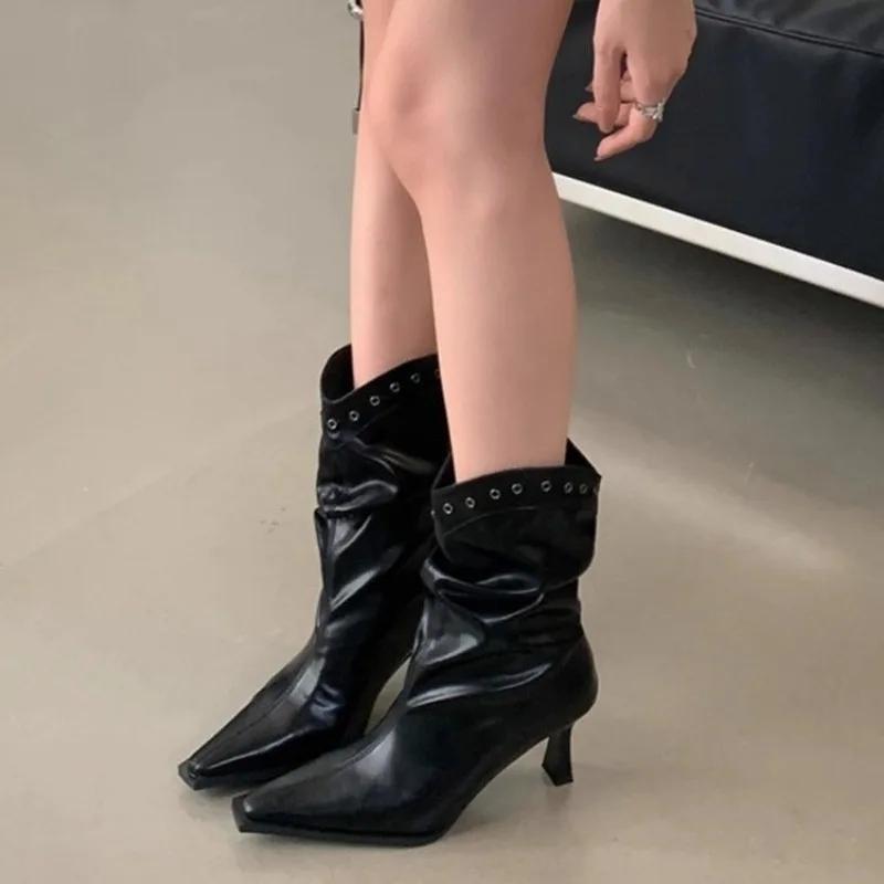 Новые стильные женские сапоги осенние пуанты с заклепками зимняя обувь женские остроносые кожаные ковбойские сапоги на высоком каблуке из резины