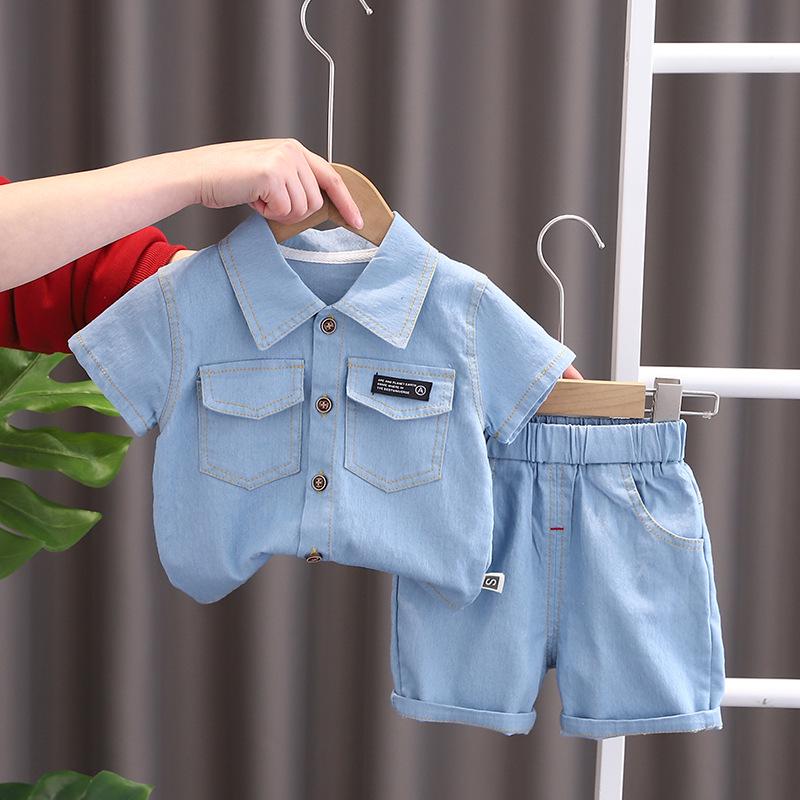 2024 Boys' Summer Lapel Short-Sleeve Shirt & Casual Pants Two-Piece Set