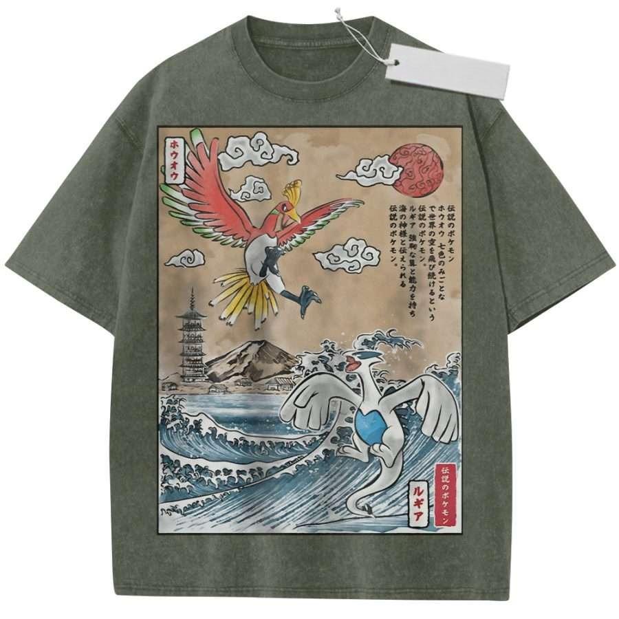 T Shirt Sports T Shirt Short Sleeve T Shirt Beige Unisex Pure Cotton Washed Vintage Japanese Art Pokemon Ho Oh and Lugia Print