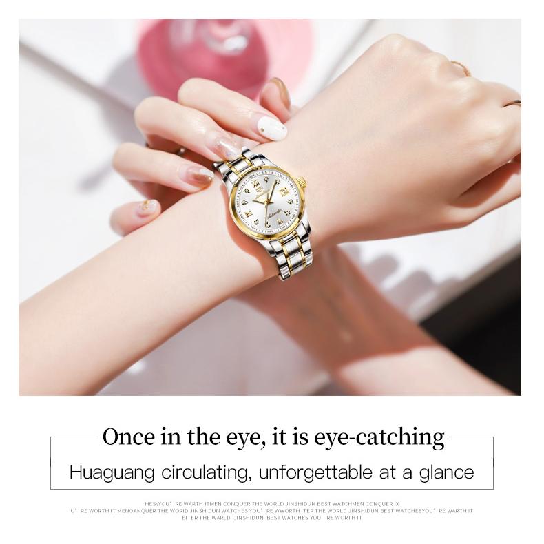 JINSHIDUN Brand Watch Heart Steel Automatic Mechanical Single Calendar Luminous Waterproof Women's Watch Women's Watch