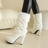 Модные черные туфли на высоком каблуке, ботинки до середины икры для женщин, искусственный мех и бантик, милые бело-розовые зимние женские туфли, ботинки на платформе