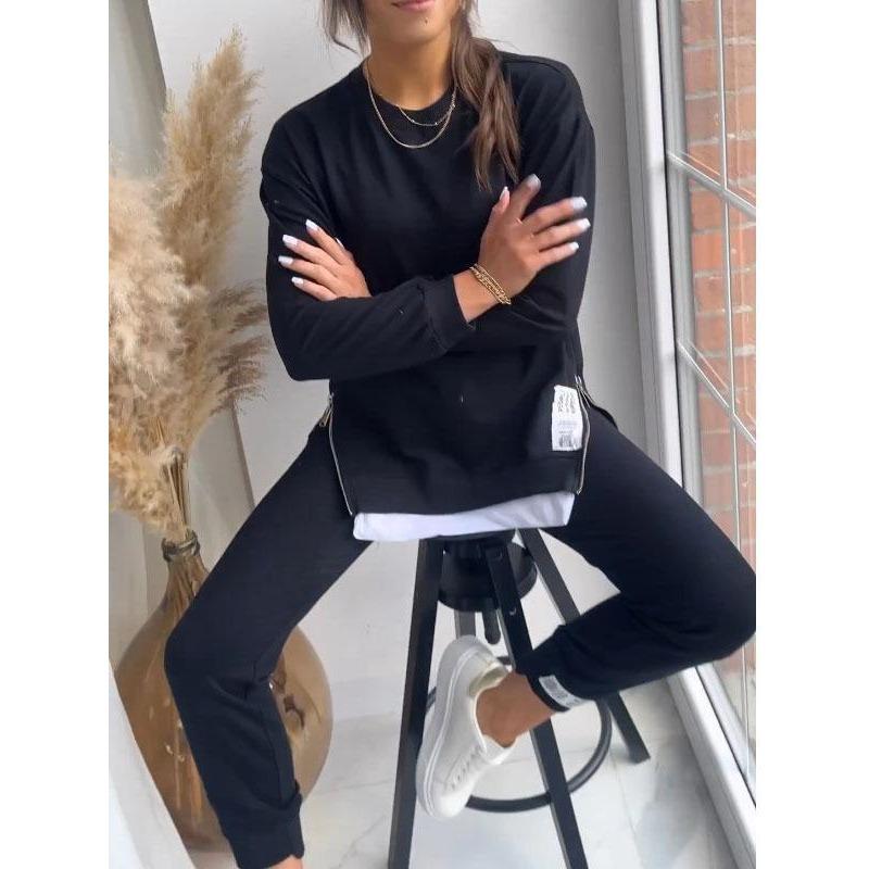 JKASHDK Женская мода повседневная весна осень однотонный принт длинный рукав О-образный вырез брюки брюки костюмы