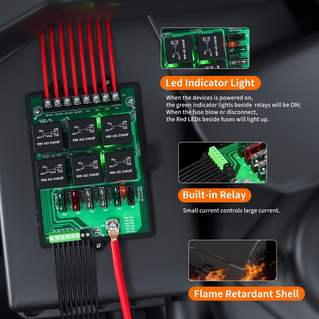 Relay Box Fuse Relay Box 12V Automotive Universal Fuse Panel with 6 Way Relays and 14 X ATC/ATO Blade Fuses 12 Volt Fuse Box