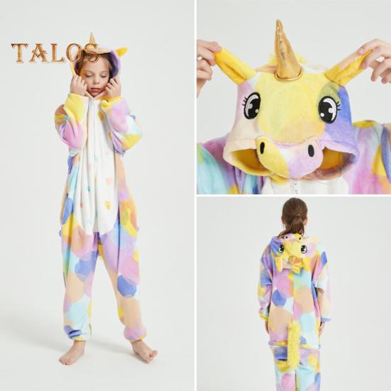 Flannel Lounge Jumpsuit with Exclusive Animal Hat Bright Colored Pajamas Long Sleeve Starry Pattern Cartoon Style Lounge Kids Daily Wear