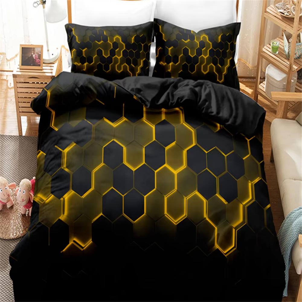 Постельный комплект сотовидный черный и красный с цифровой печатью - 1 пододеяльник + 2 наволочки (Нет подушки)