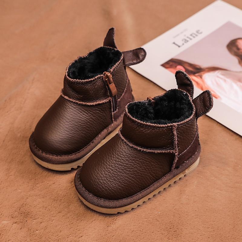 Winter Children Genuine Leather Boots for Baby Girls Boys Shoes Plush Infant Snow Boots Soft Soled Anti Slip Kids Toddler Shoes
