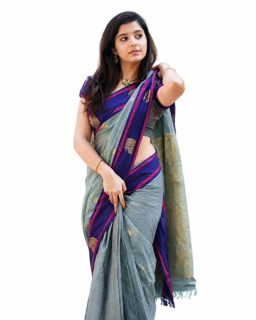 Banarasi Soft Silk Saree Grey Royal Blue 5.5 Meter Unstitched Blouse Piece