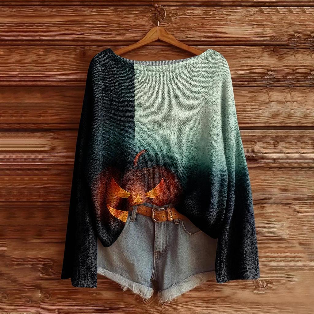 Women's Halloween Sweater, Bohemian Vintage Pattern Print Long Sleeve Knit Pullover