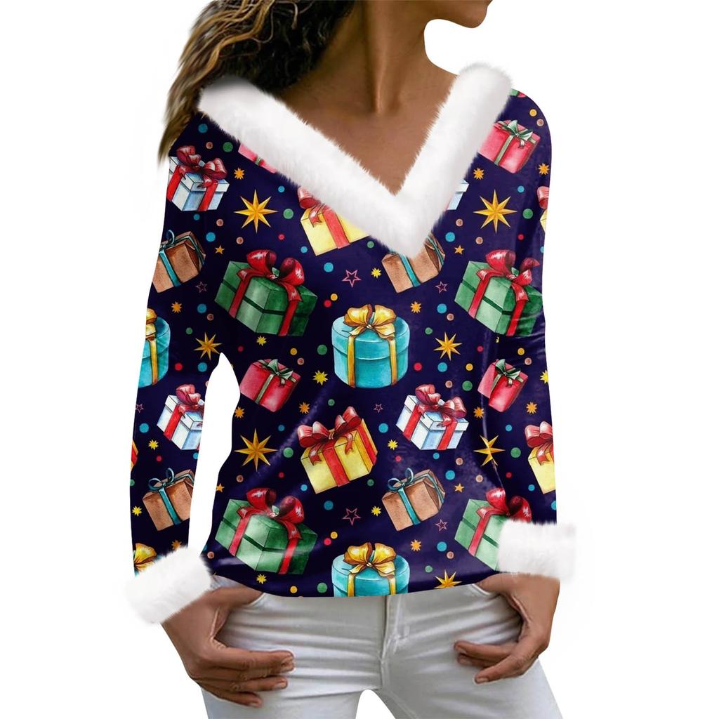 Женская футболка с рождественским принтом, футболка с длинным рукавом, флисовый воротник, топ с V-образным вырезом