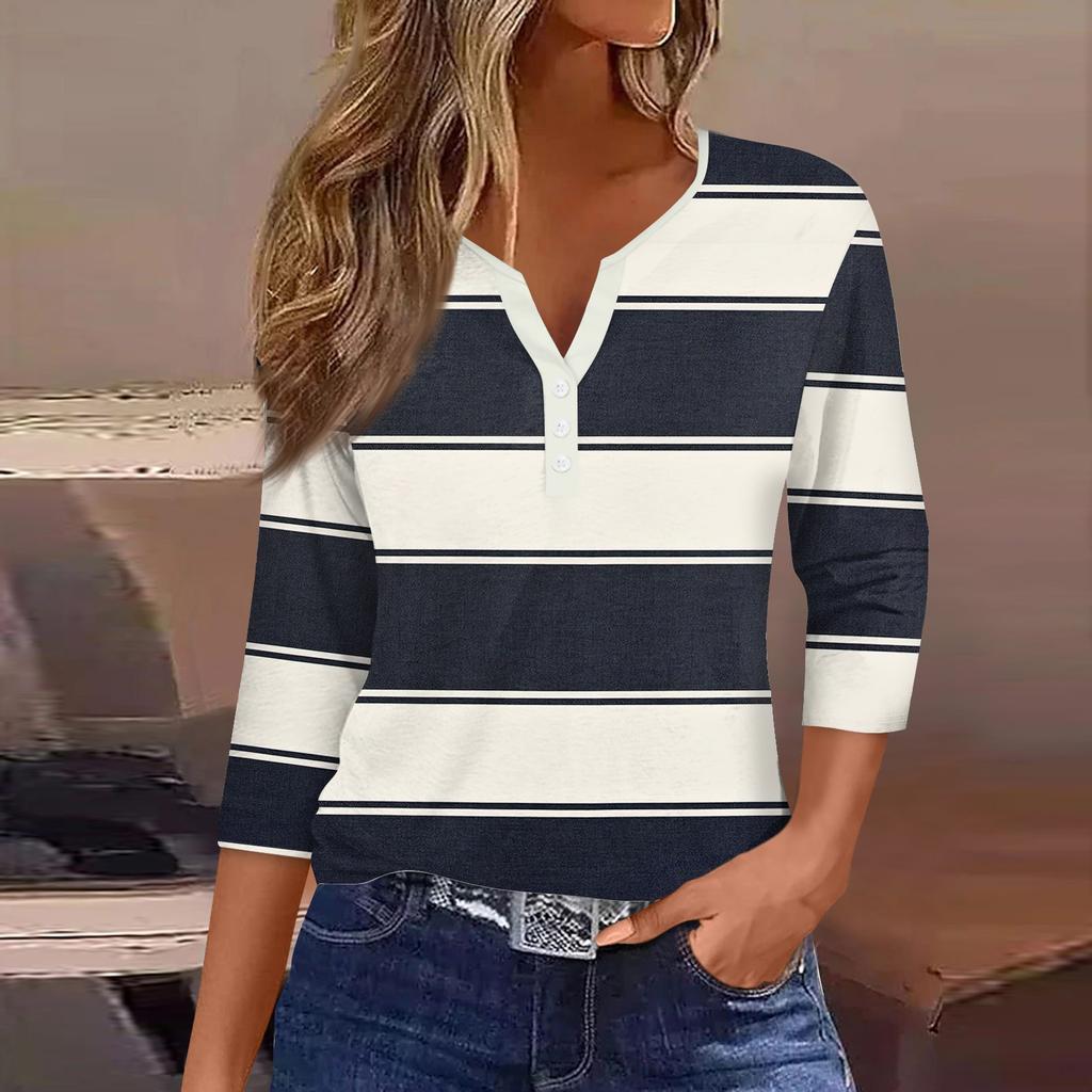 Women's Fashion Casual Striped Print V-Neck Decorative Button Three-quarter Sleeve T-Shirt Top