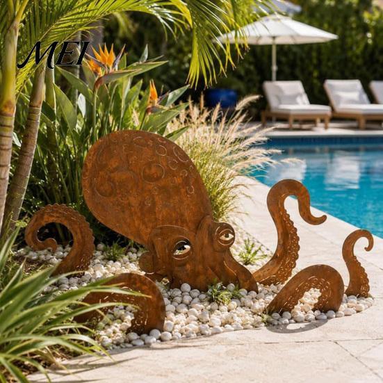 Octopus Garden Ornament Rust Patina Giant Squid Sculpture, 3D Metal Nautical Outdoor Patio Decoration Statue for Lawn Beach House Decor