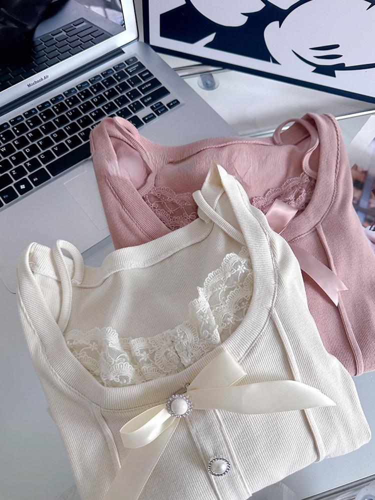 Винтажные футболки из двух предметов для девочек Mori Girl, женские кружевные лоскутные укороченные топы с милым бантом, женский эстетический однотонный пуловер Kawaii, новый