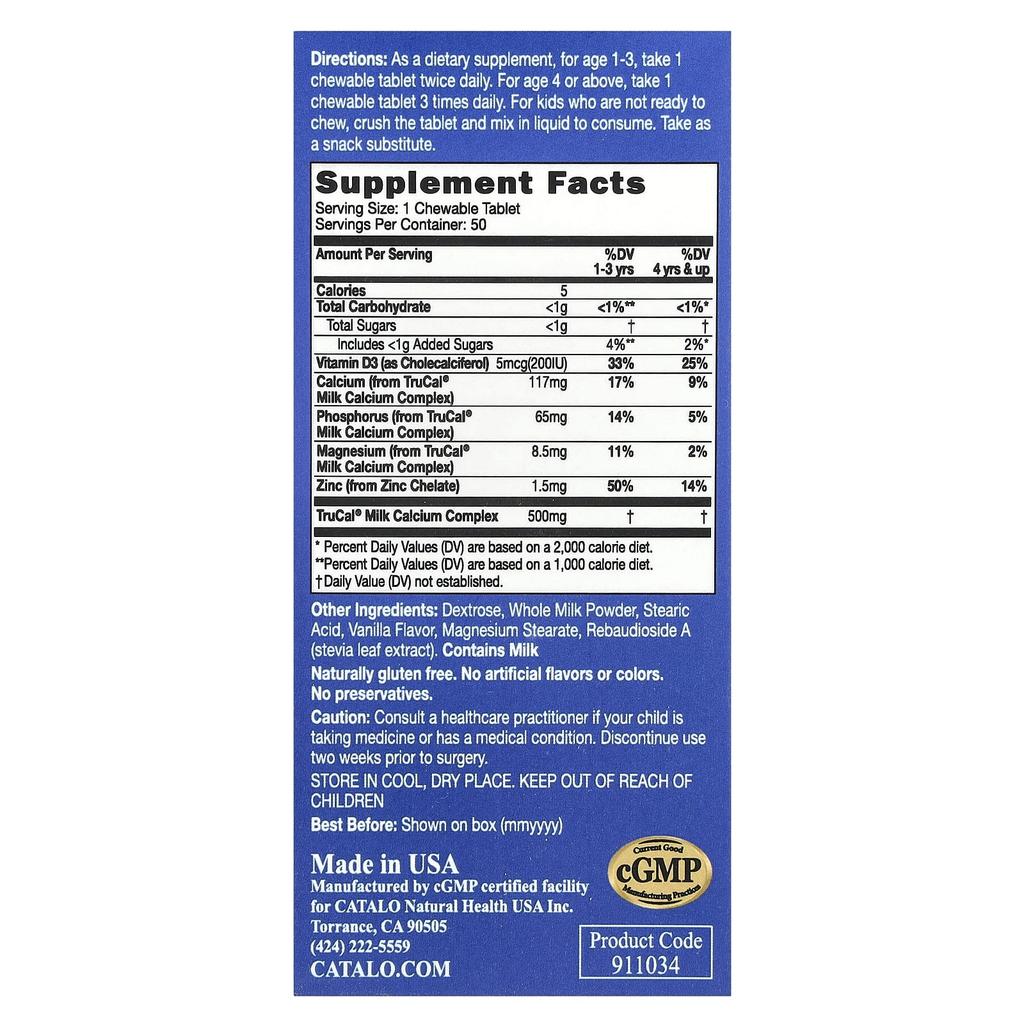 CATALO, Infant Milk Calcium Formula, Zinc and Vitamin D, 50 Chewable Tablets