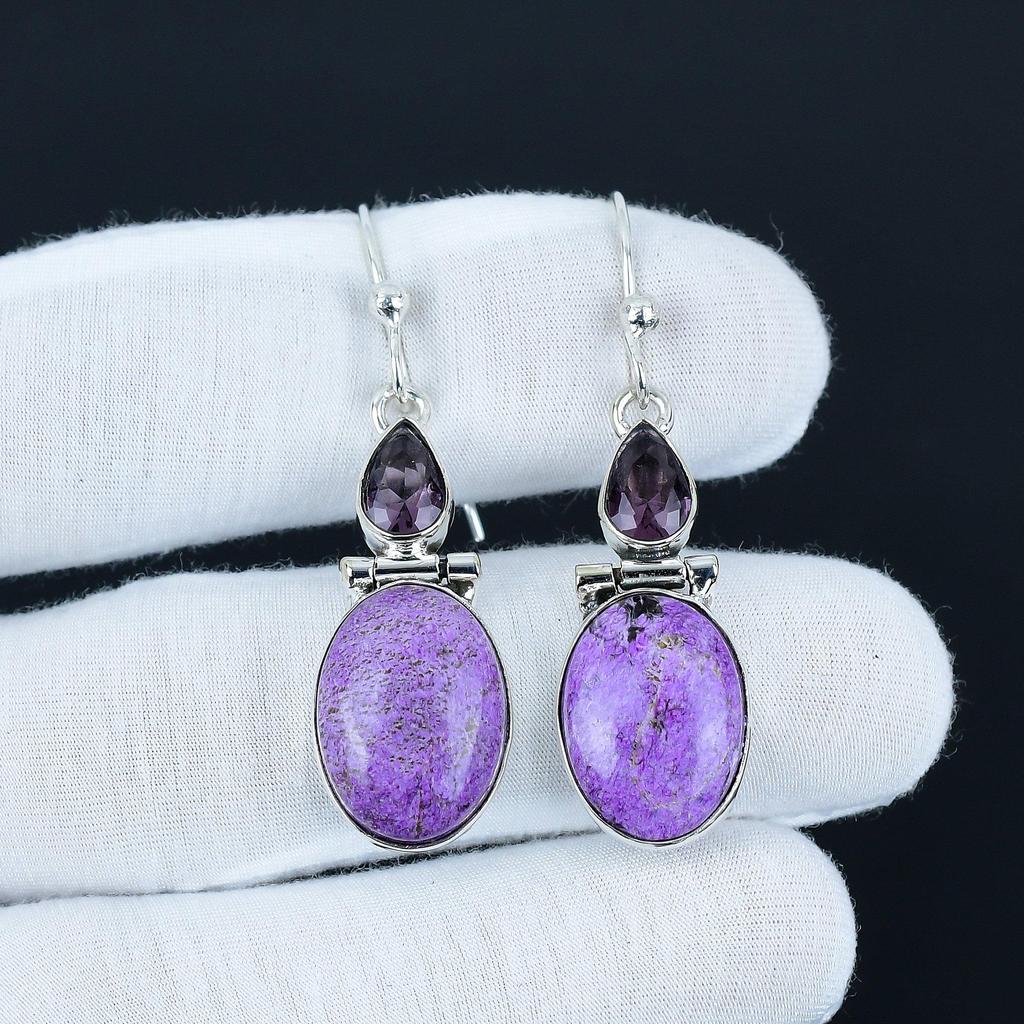 Natural Purpurite Earrings, 925 Sterling Silver Earrings, Party Wear Jewelry, Amethyst Dangle Drop Earrings For Thanksgiving Gifts For Mom