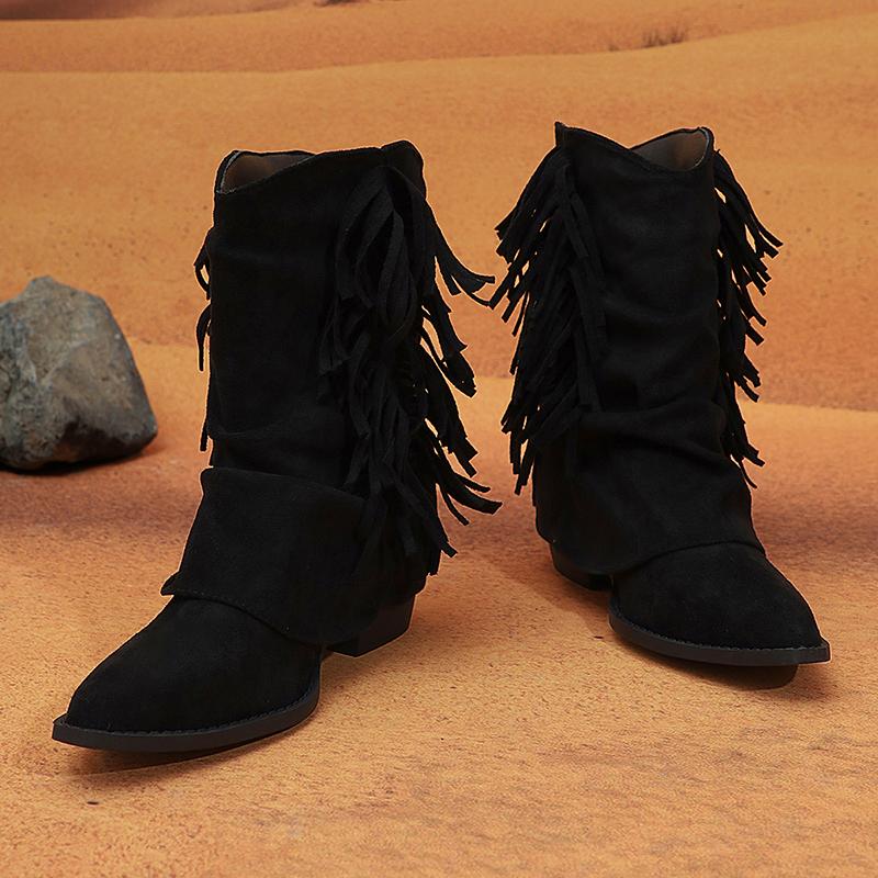 Осень-зима женские ковбойские сапоги в стиле вестерн с кисточками на квадратном каблуке женские винтажные короткие ботильоны