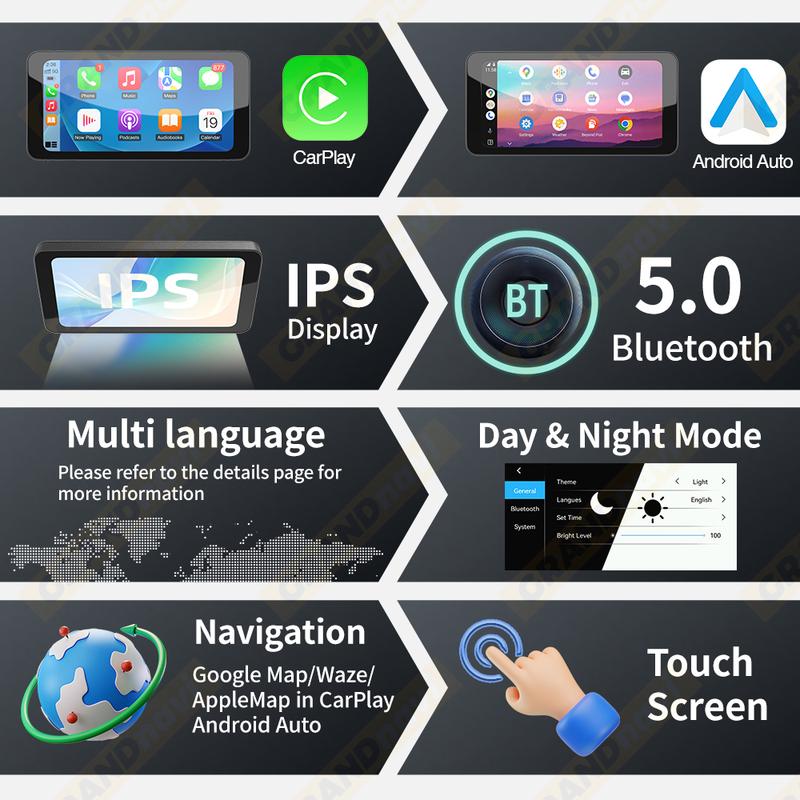 6.5" Motorcycle Smart Display Wireless CarPlay Android Auto Removable Bracket Portable IP67 Waterproof Bluetooth Monitor