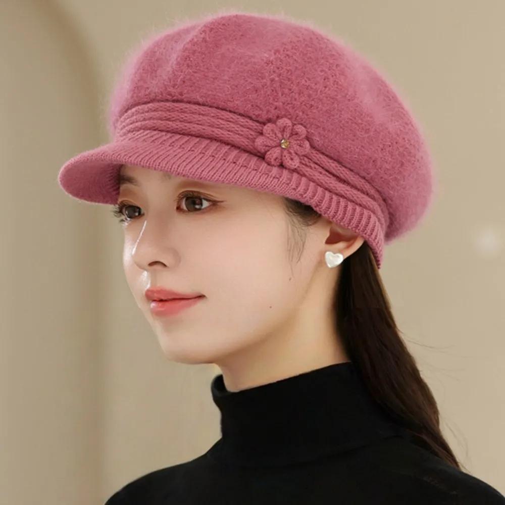 Women Fashion Winter Warm Hat Flower Design Plush Fur Lined Warm Hats For Women Casual Rabbit Fur Blend Outdoor Knitted Cap