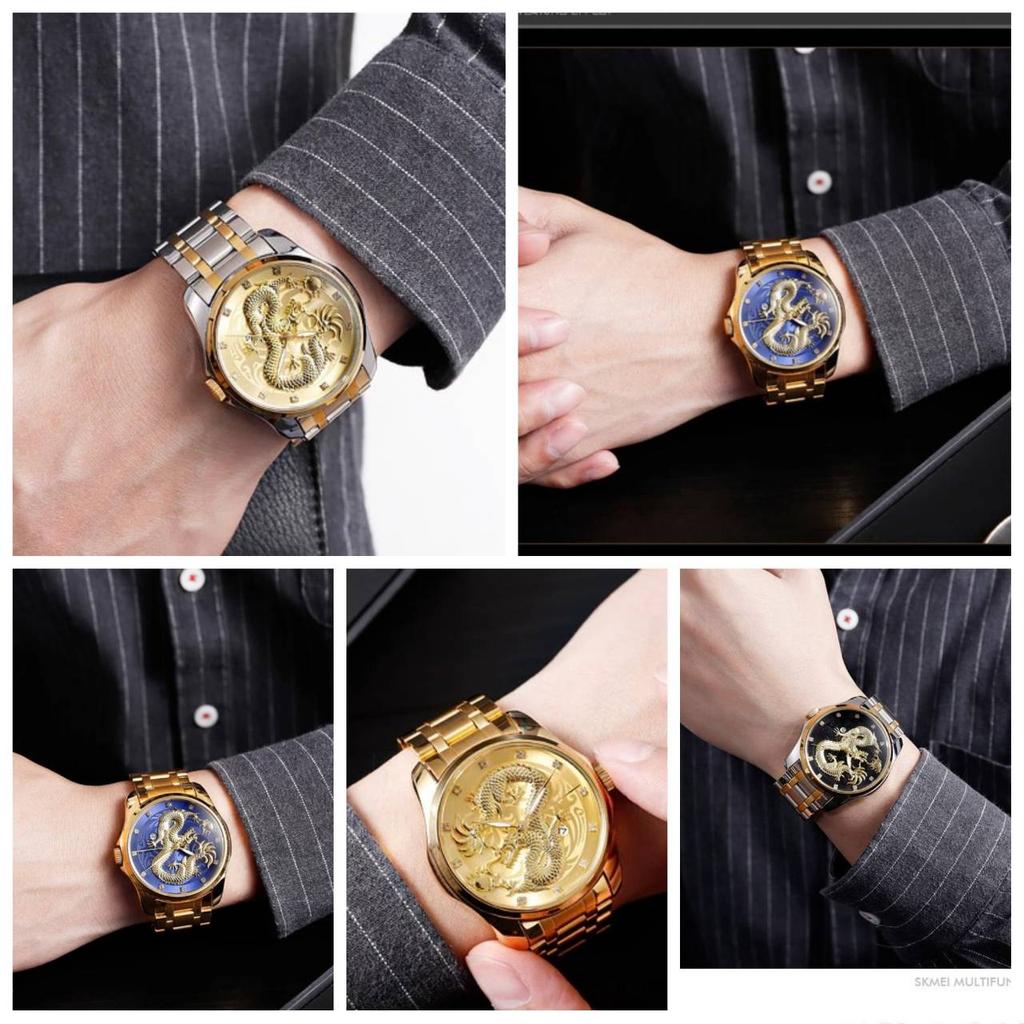 Luxury Quartz Watches Waterproof Date Display Clock Strap Wristwatch Male Golden Dragon Men Watch