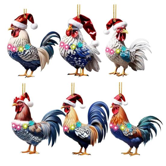 6 шт. Рождественское украшение в виде петуха 2D акриловая рождественская шапка подвеска в виде курицы сезонное