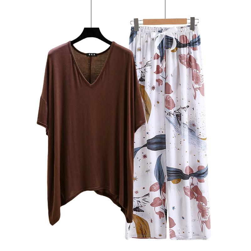 Необычная футболка и широкие брюки с цветочным принтом летние женские повседневные пижамные комплекты Костюм для дома с коротким рукавом Свободный легкий костюм для отдыха Большие размеры