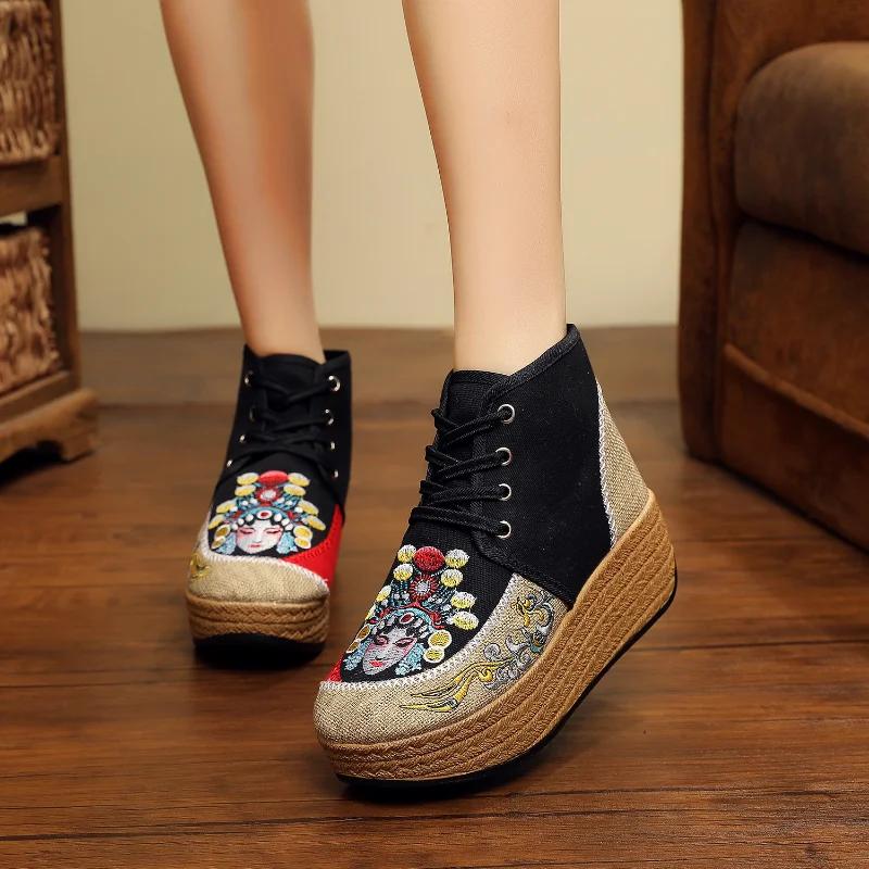 Мода 2024 Новые Ретро Женские Льняные Хлопковые Вышитые Короткие Ботильоны на Платформе Удобные Женские Ботильоны на Шнуровке Зимняя Обувь