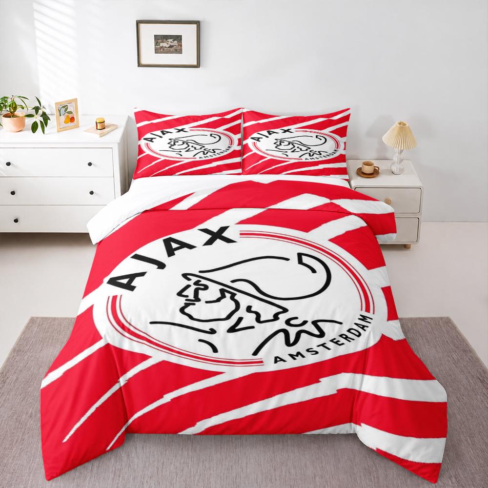 Ajax Amsterdam FC Crest Bedding set (1 duvet cover, 2 pillowcases, duvet not included) for Game Room Soccer Fan Gift Decor, Red Brush Stripe Art Print