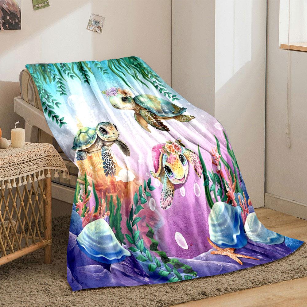 Cartoon Marine Turtle Underwater Scene Flannel Blanket bedroom Blanket for Livingroom Couch lunch break Soft throw for Friend's festival Gift