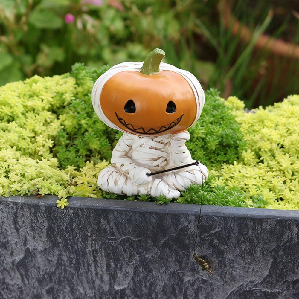 Cartoon Pumpkin Scarecrow Fishing Statue Resin Miniatures Figurine Pumpkin Elf Sculpture Balcony