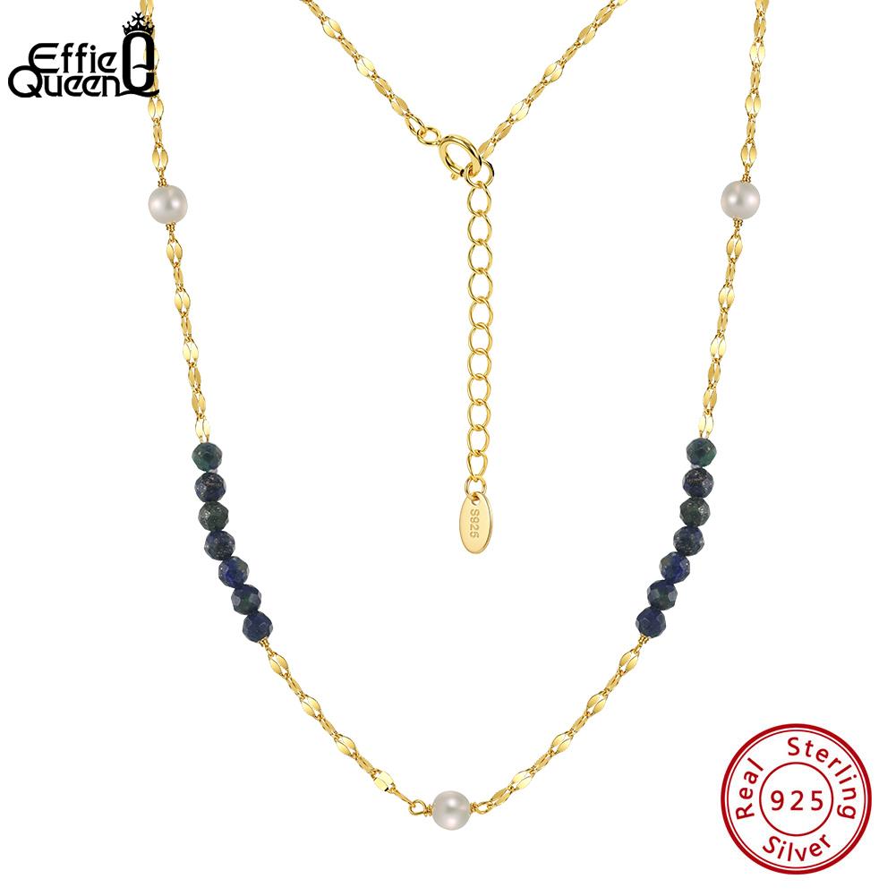 EFFIE QUEEN 100% Натуральный Пресноводный Жемчуг и Камень Лазурит Позолоченная 14K Цепочка Ожерелье Украшение 925 Стерлинговое Серебро MPN15