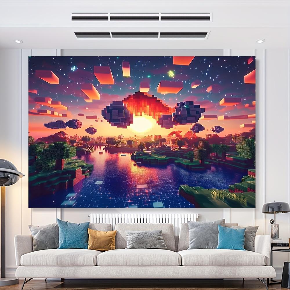 1pc Block World Sunrise Tapestry Vibrant Pixelated Landscape Fabric Backdrop for Home Decor No Electricity Needed Perfect fo