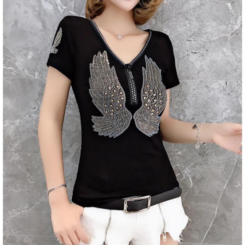 Уличная одежда Хип-хоп Футболка с коротким рукавом и крыльями Женская V-образный вырез Молния Сексуальная Бриллианты Повседневные Футболки Femme Бриллианты Хлопок Девушка Футболка Топы