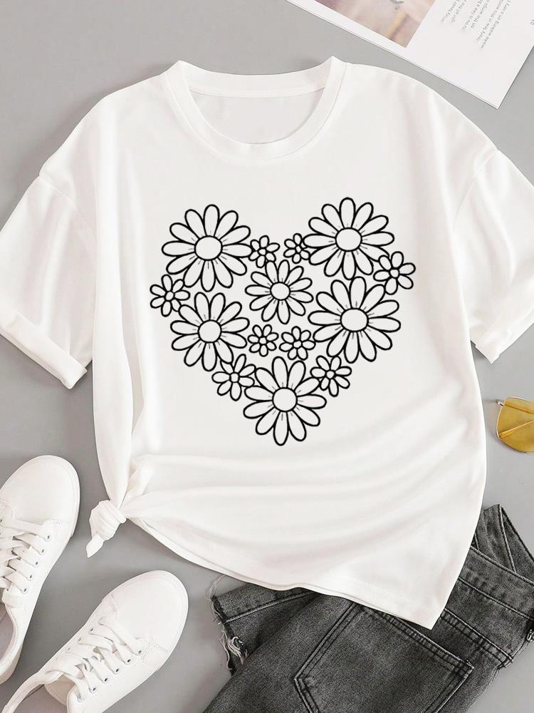 (Азиатский размер) Футболки Мода Круглый вырез Женская надпись тренд милая Повседневная Женский топ Футболка Одежда Принт Короткий рукав Графическая футболка