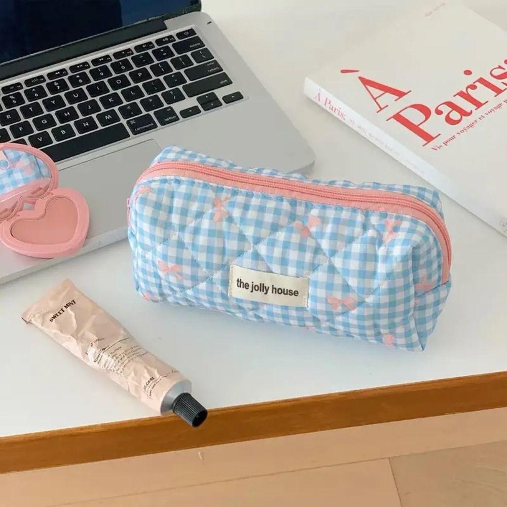 Large Capacity Lattice Cosmetic Bag with Zipper Korean Style Cute Storage Bag Colorful Bow Pattern Portable Makeup Bag Outdoor