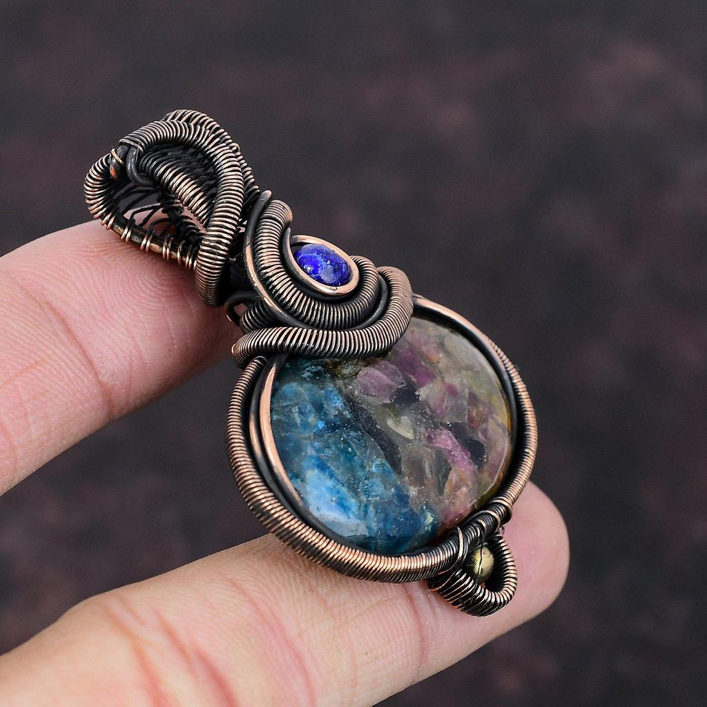 Медный кулон с арбузным турмалином, медная проволочная подвеска, лазуритовая подвеска, драгоценный камень, медные украшения, подарок для мамы, подвеска ручной работы