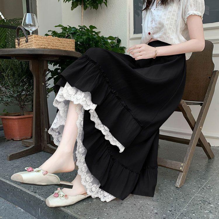 Ruffles Lace Skirts Women Spring Summer High Waist Elegant Mid Length Women's Skirts