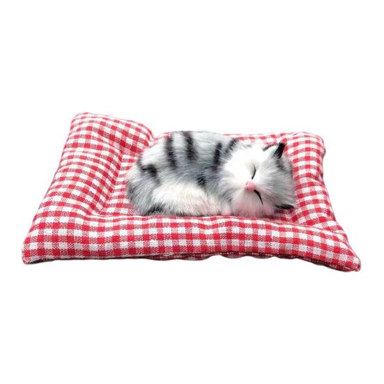 Simulation Sleeping Cat Decoration with Plaid Mat Odor Removal Bamboo Charcoal Plush Kitten Stuffed Animal Doll Home Office Desktop Car Interior