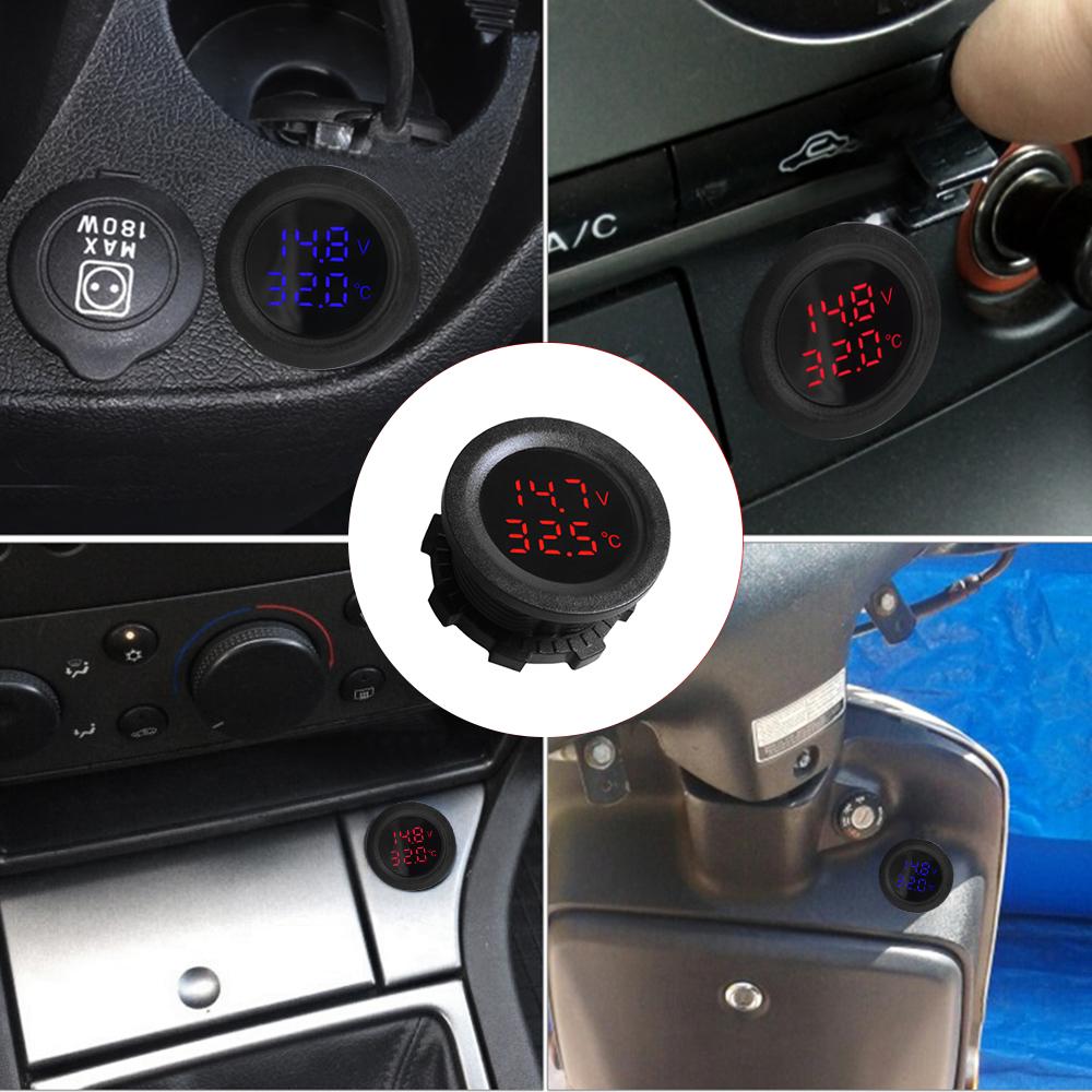 Car Round Temperature Voltmeter 12-24V Auto Voltage Meter Display Digital Measurement for Car Motorcycle Boat Thermometer T