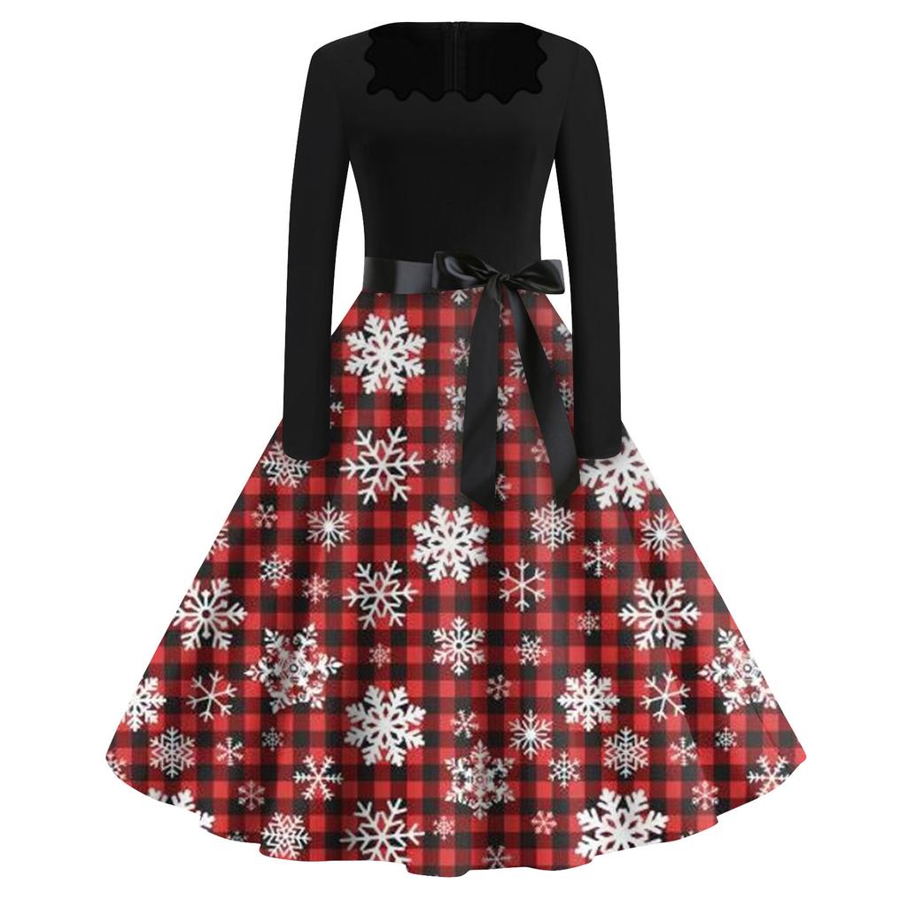 Женская мода с квадратным вырезом, повседневные тонкие рождественские платья с длинным рукавом и принтом