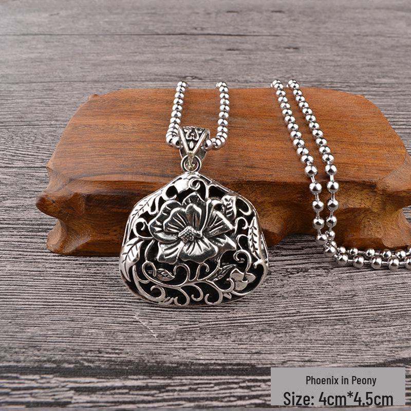 Retro Silver Peace Lock Pendant Necklace - Four-sided Wealth Women's Long Sweater Chain In National Style