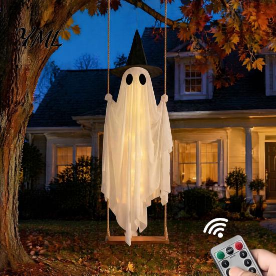 Decorative Ghost for Front Porch Luminous Halloween Hanging Swing with Witch Hat, Remote-controlled Adjustable Creepy Ornaments Brightness,