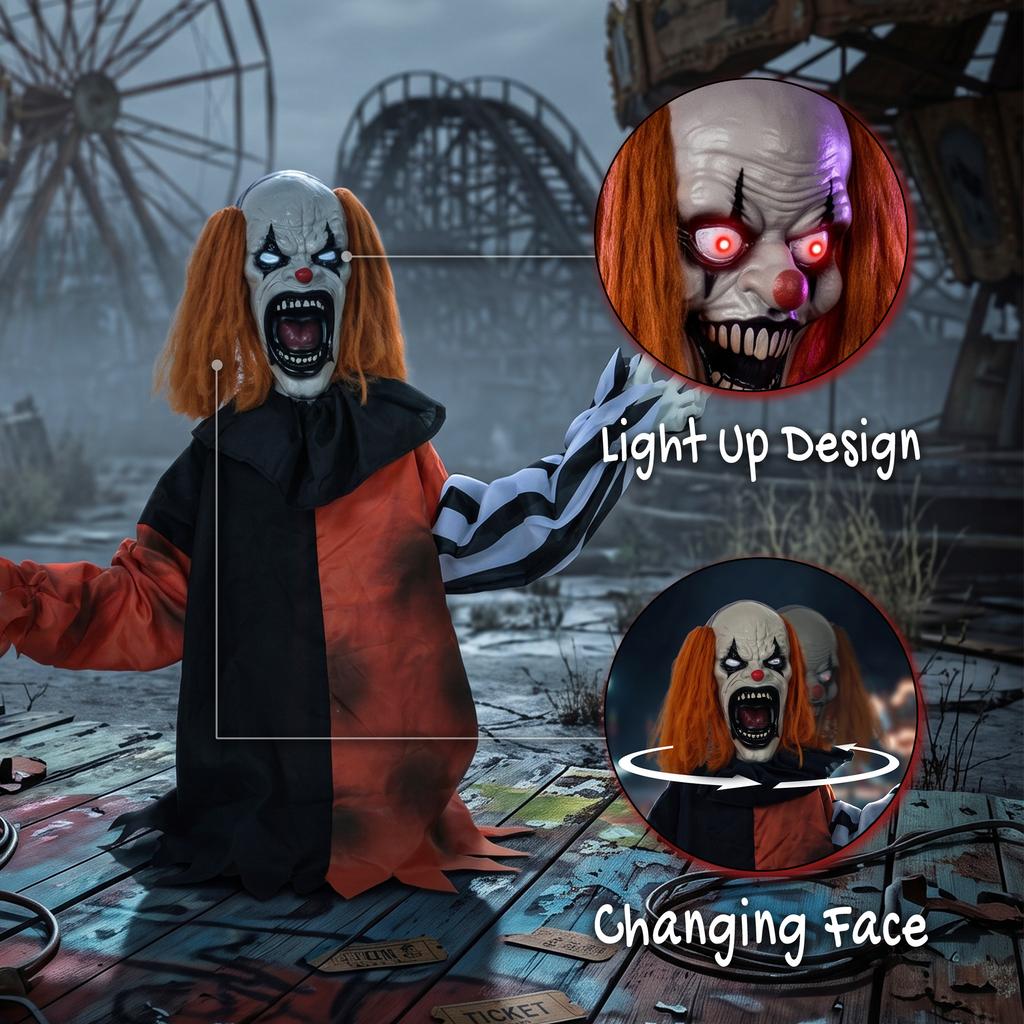 Animated Halloween Face Changing Clown, Animatronic Joker with Cackling Sound, Glowing Eyes, Sound/Touch Activated