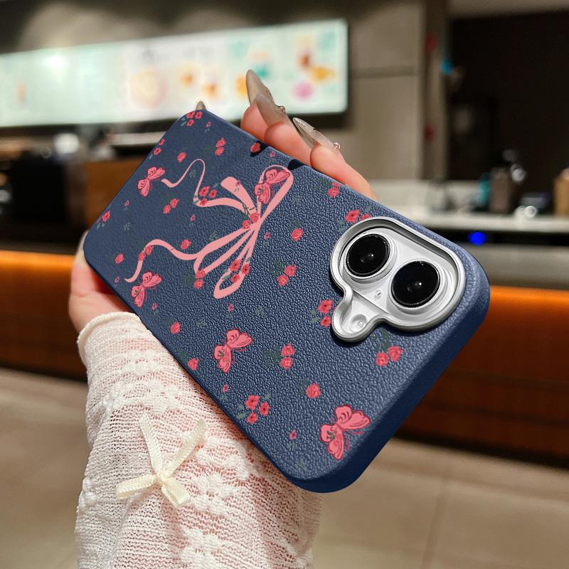 For iPhone 16 15 Pro Max 14 Pro 13 12 11 Case Bowknot Floral Print Slim TPU Leather Texture Soft Matte Shockproof Phone Cover