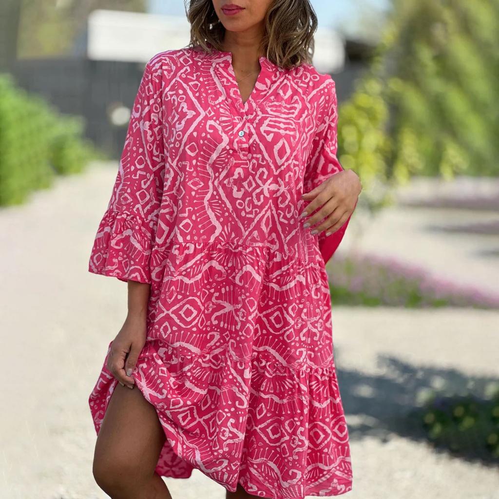 Women's Fashion Button V-neck Speaker 3/4 Sleeve Printed Patchwork Cake Dress