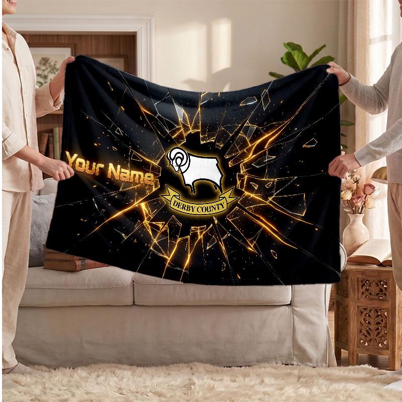 Derby County Personalized Fleece Blanket With Football Logo, Custom Name Text Soft Warm Home Throw Blanket