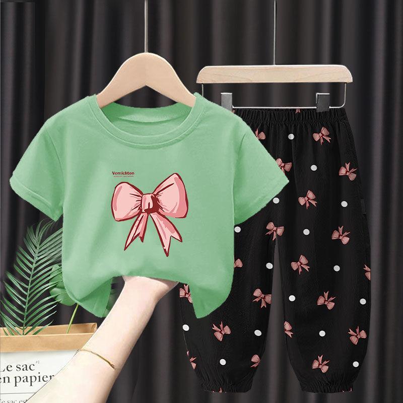 Летний комплект из 2 предметов для девочек: футболка с коротким рукавом и брюки с принтом бантика, детский костюм для одежды, детская одежда