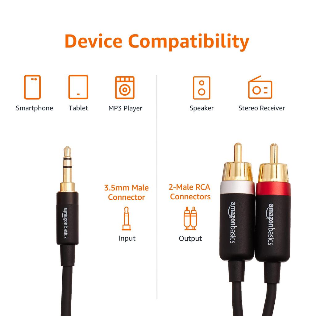 Amazon Basics RCA Adapter Audio Cable for Amplifiers 2 with Plugs for Active (3.5Aux - RCA) Gold-Plated Speakers, Black, 1.2m