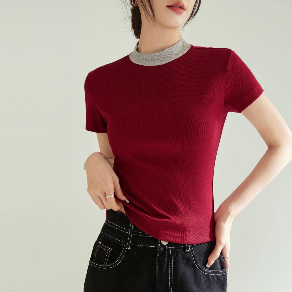 Chic French Style Slim Fit Short-Sleeve T-Shirt for Women - High Elastic, Cool Touch, Round Neck, Spring/Summer 2025