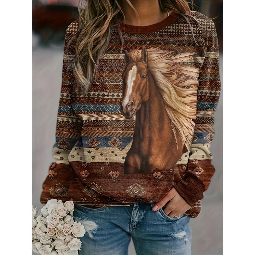 Fashion Women's Sweatshirt Horse Graphic Print Sweatshirt for Women Casual Long Sleeve Crew Neck Pullover Y2k Women's Clothing