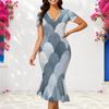 Women Plus Size V Neck Short Sleeve Printed Fitted Fishtail Dress With Pockets