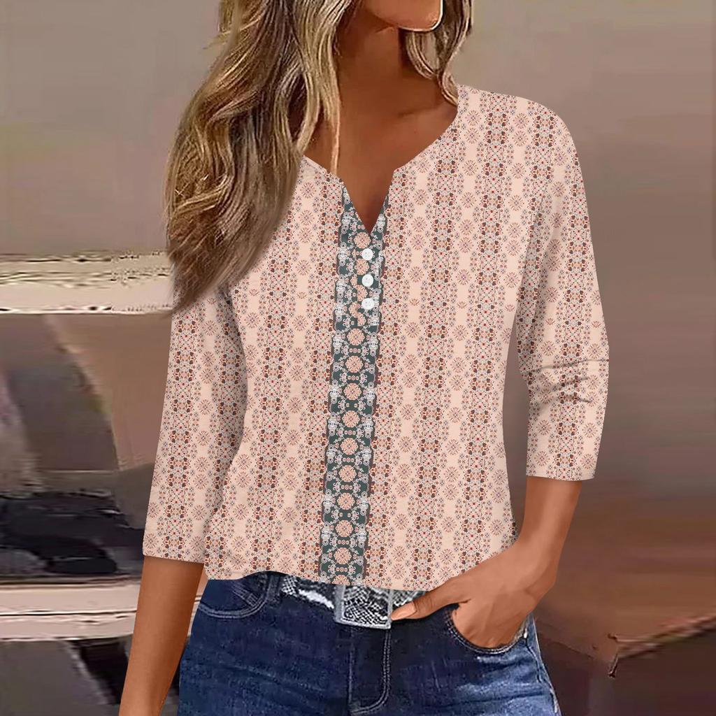 Жен. Футболка Футболка С принтом Пуговицы Рукав 3/4 Повседневные Выходные Мода Классический Классический V-образный вырез Обычный Верх